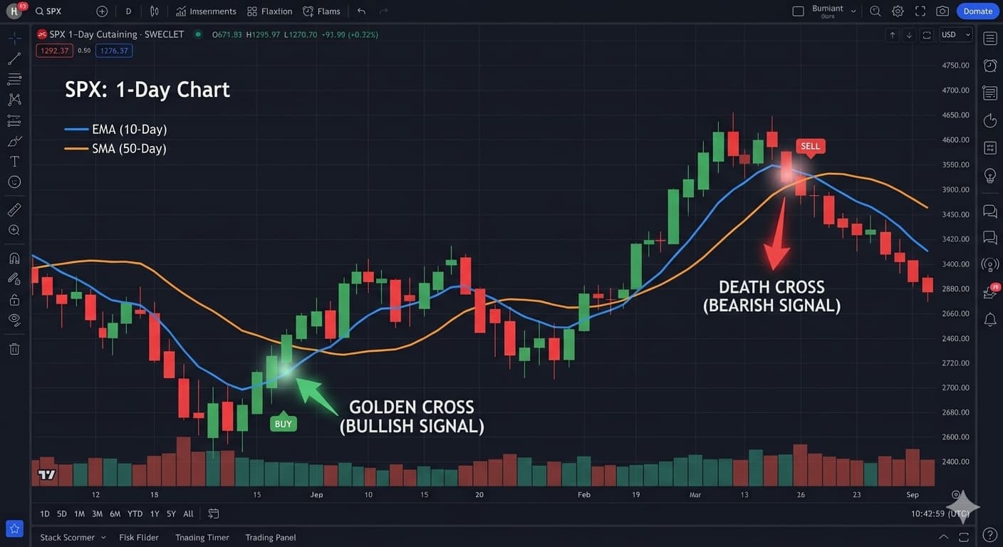 Moving average crossover signals on a chart