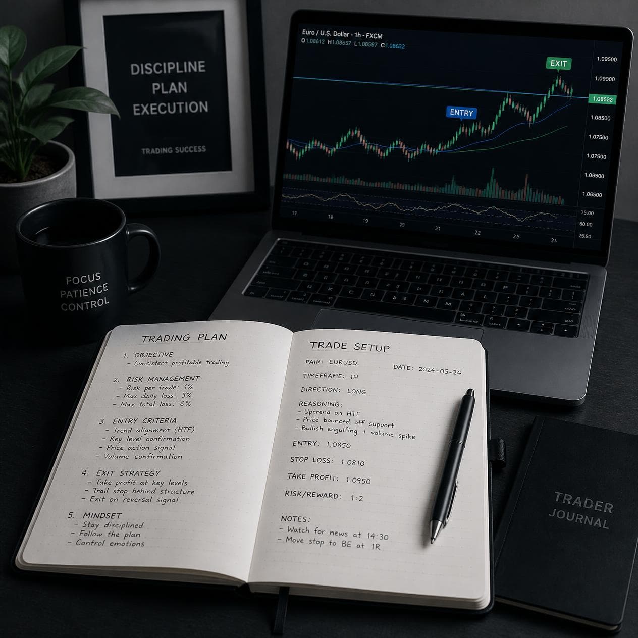 Trading plan notebook and laptop